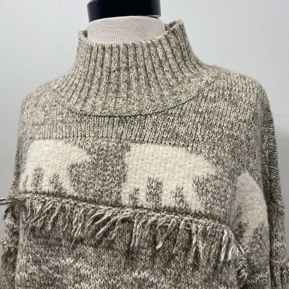 LOFT Women XL Polar Bear‎ Fringe Mock Neck Sweater Oatmeal Knit Pullover Cabin